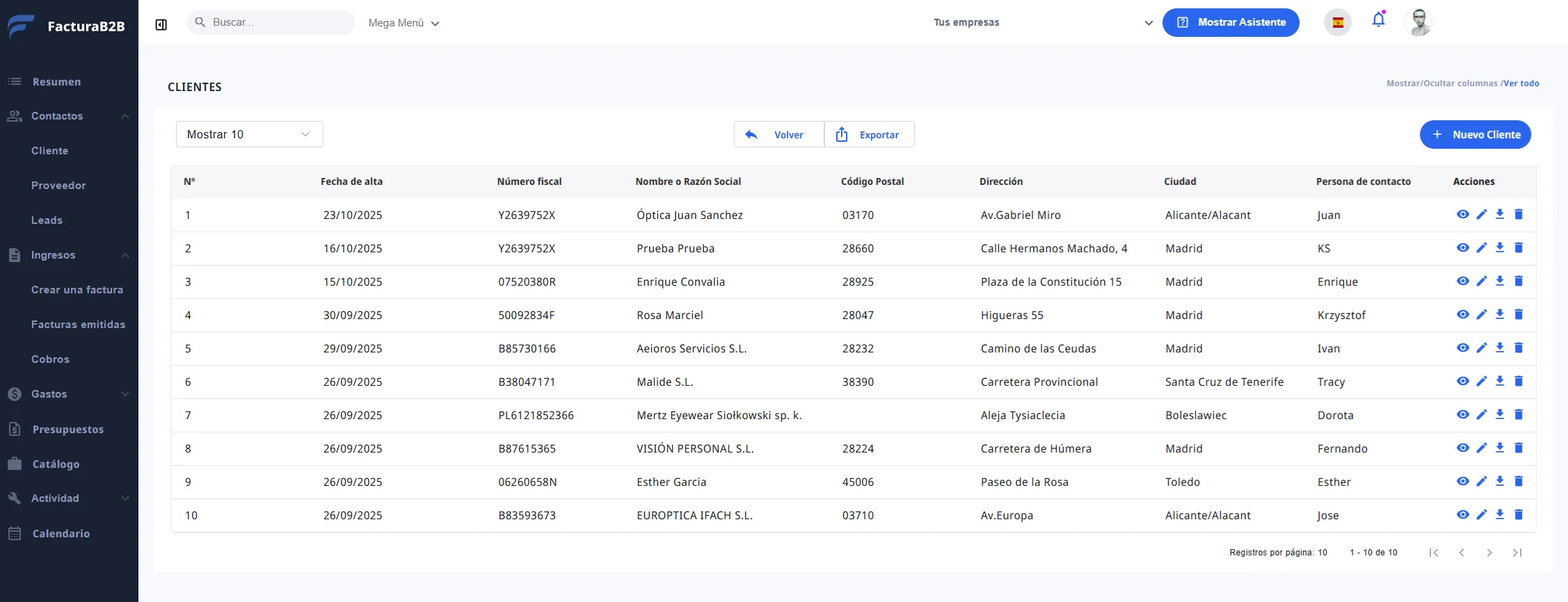 Captura aplicación gestión clientes